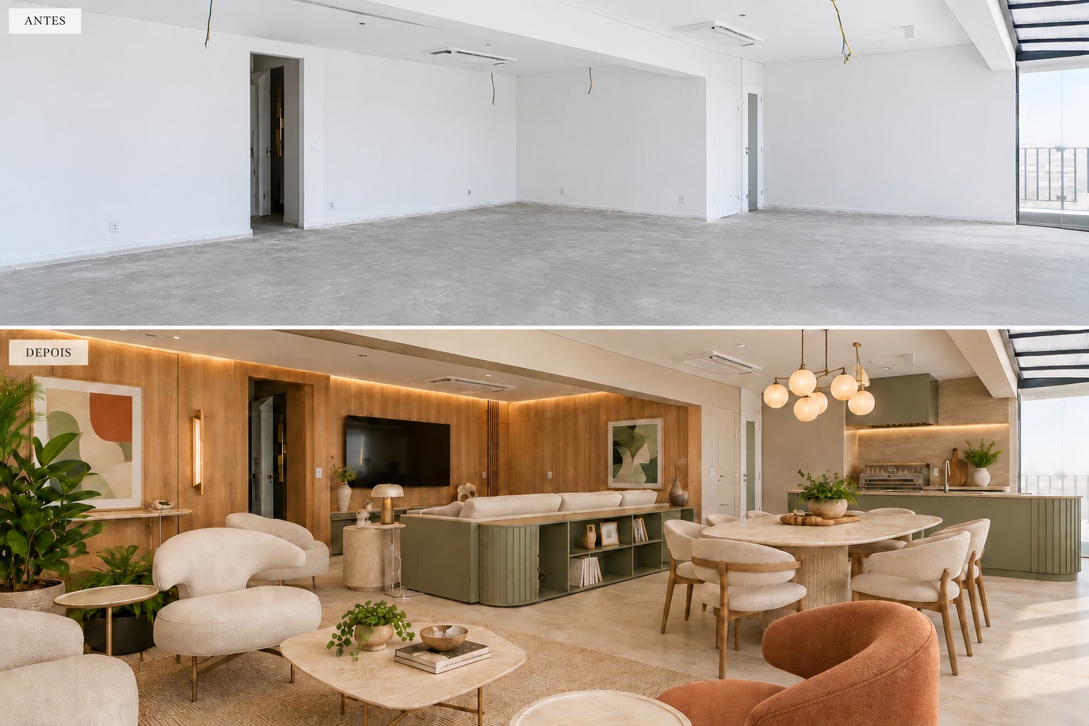 Antes e depois de uma reforma de sala